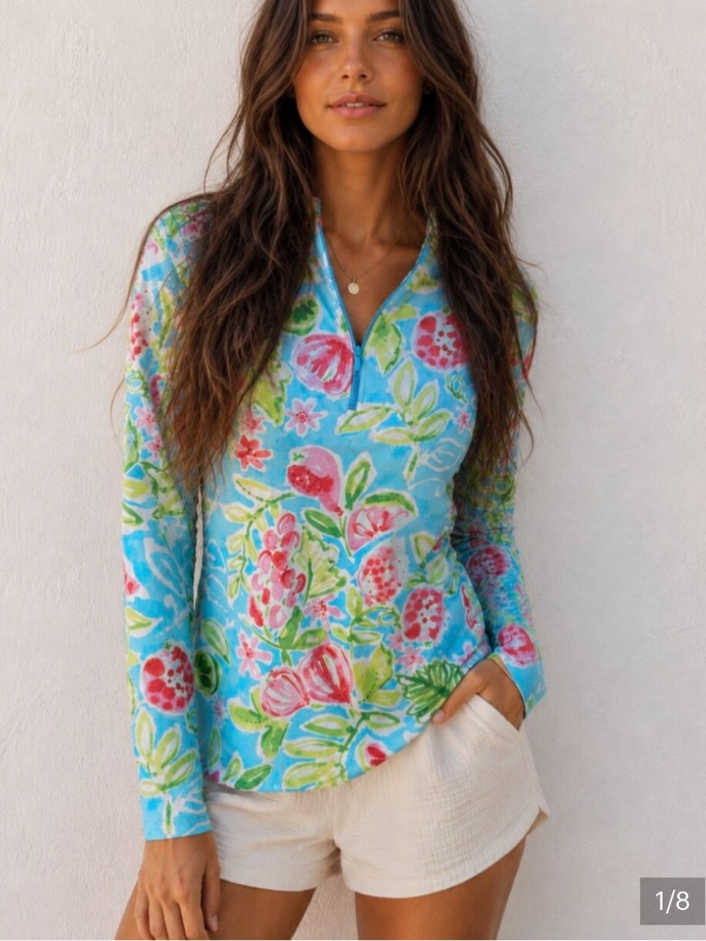 IBKUL 1/4 Zip Mock Neck Top Blue Green Floral Print Womens XL